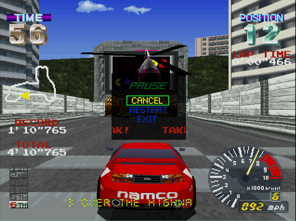 Screenshot of Ridge Racer running in Mednafen PSX libretro core with the Vulkan crt-lanczos shader applied (running on Ivy Bridge Intel Mesa Vulkan driver).